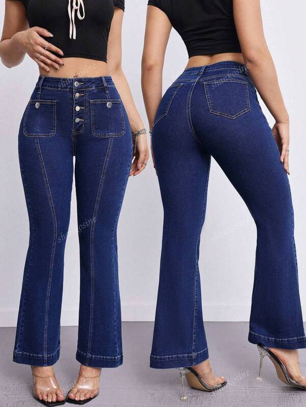 Jeans a vita media da donna con design a bottoni, modello classico a zampa, elasticizzati