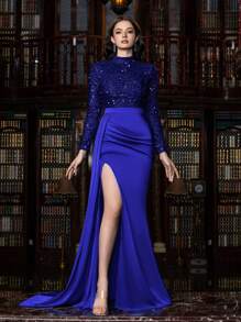 Faeriesty Sequin-Adorned High-Neck Evening Gown With Thigh-High Slit & Dramatic Train, Elegant Formal Wear For Red Carpet, Weddings, And Galas, Party Dress, Wedding Guest Dress, Evening Dress - Royal Blue - View 8