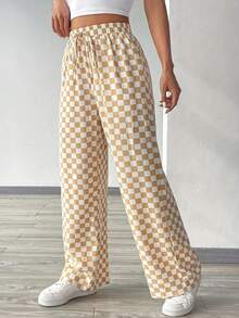 Pantalones anchos informales con cordón y estampado de cuadros - Caqui - Ver 3