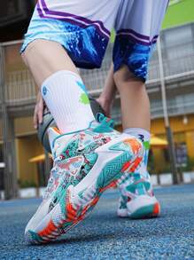 Wiosenne, nowe, lekkie, grube podeszwy, damskie buty do koszykówki w dużych rozmiarach, buty sportowe na świeżym powietrzu, antypoślizgowe, wytrzymałe buty do biegania, miękkie i wygodne buty trekkingowe, amortyzujące buty sportowe Rebound, losowy asymetryczny wzór - Pomarańczowy biały księżyc - Zobacz 10