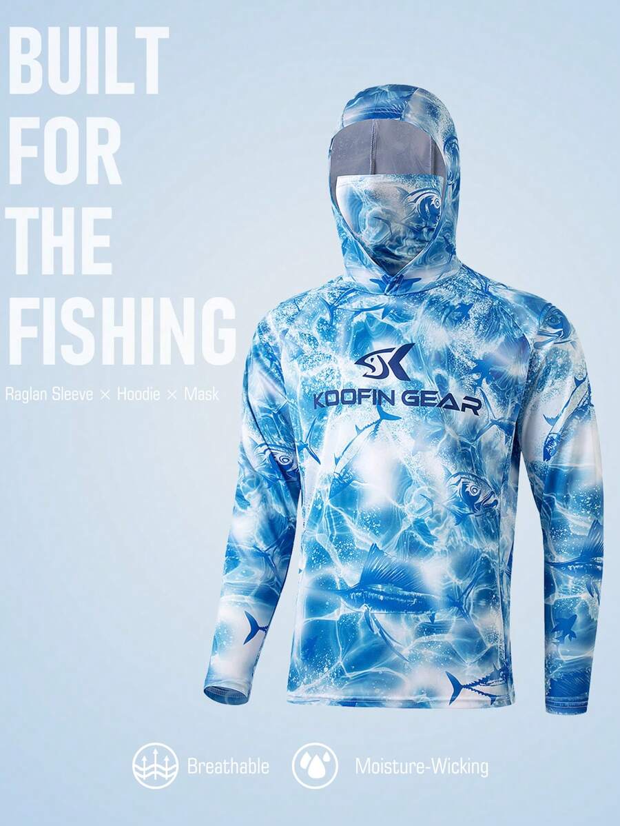 高性能连帽钓鱼衬衫，内置绑腿，面料柔软透气，带有蓝色水波纹鱼图案 - 藍色 - 查看 1