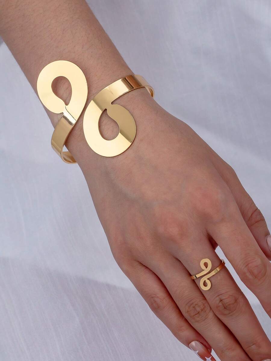 1 Set Elegant Minimalist Metal Hollow Circle Geometric Bangle And Ring, Fashion Versatile Jewelry For Women