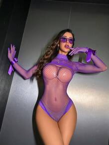 Cut Out Fishnet Teddy Bodysuit Without Lingerie Set, Rave - Violet Purple - View 8