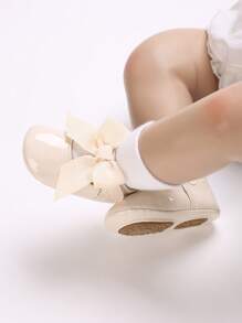 Newborn Infant Girls' Bowknot PU Princess Shoes, Soft Rubber Sole Anti-Slip Flats, Suitable For All Seasons - Apricot - View 8