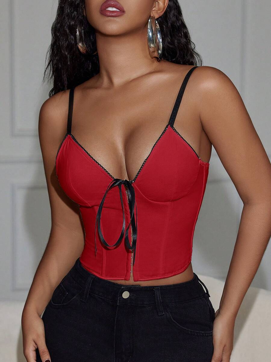 Áo corset Yuwenier Y2K cổ chữ V phối màu với nhẫn kim loại, chất liệu satin, có nơ phía trước, ôm sát ngực, thích hợp cho các lễ hội âm nhạc và đám cưới. - Đỏ - Xem 1