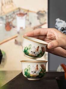 1pc 汝窑可爱兔子陶瓷茶杯，奢华功夫茶道茶杯，高端精致茶杯，适合家庭、办公室客人接待，适合下午茶杯、浓缩咖啡杯，可以作为奢华纪念品赠送给朋友、长辈 - 兔隱花叢 - 查看 2