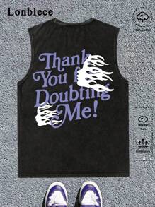 Lonblece Men's Vintage Washed Loose Fit Graphic Face Slogan Printed Tank Top, Casual For Spring/Summer - Black - View 1