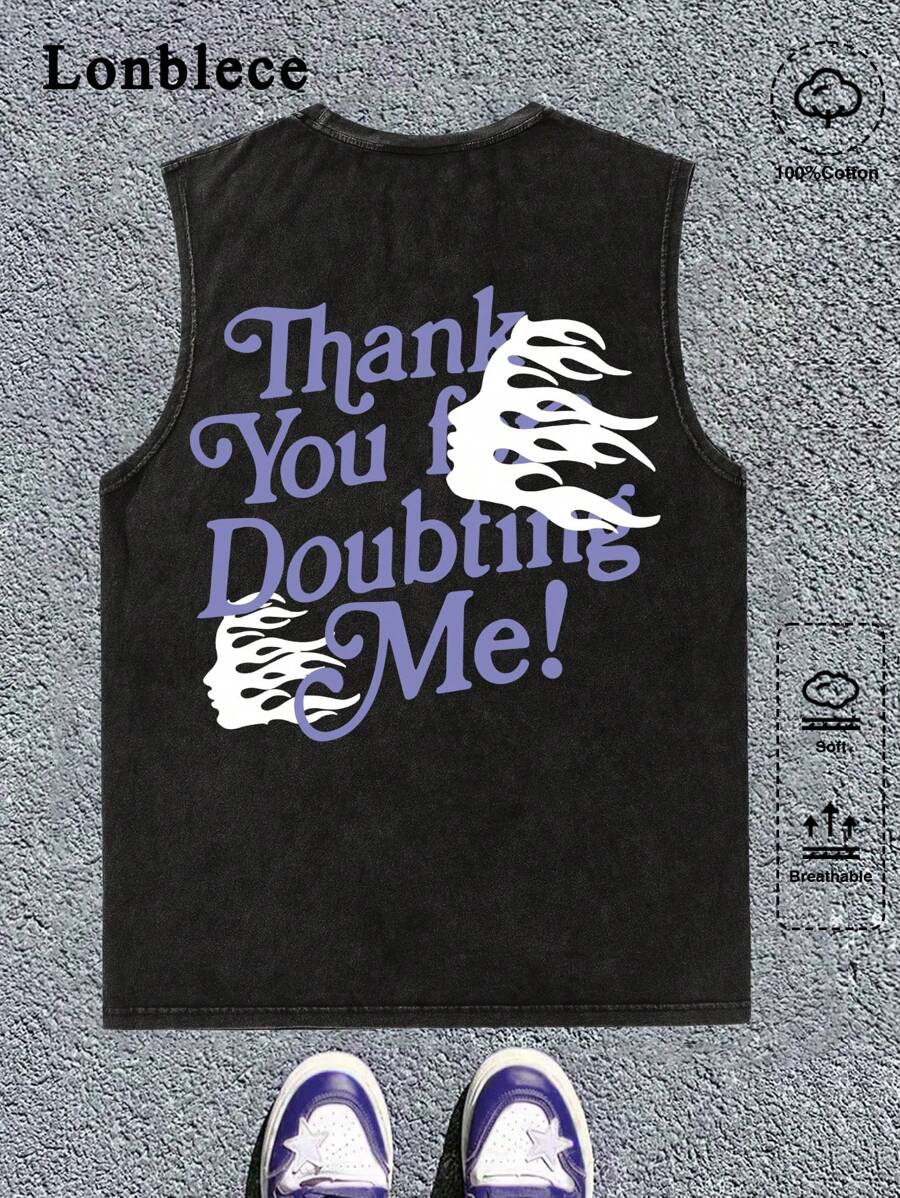 Lonblece Men's Vintage Washed Loose Fit Graphic Face Slogan Printed Tank Top, Casual For Spring/Summer - Black - View 1