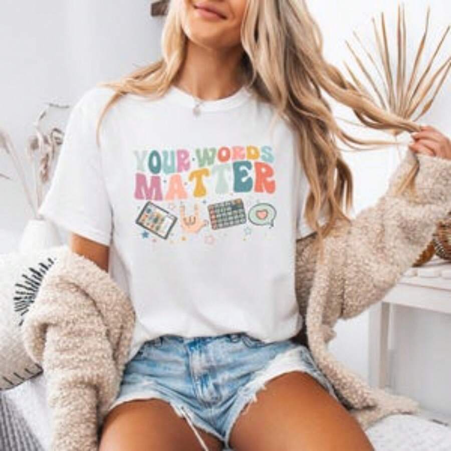 Teacher Inclusion Tshirt, Your Words Matter Shirt, Neurodiversity Teachers Gift,Language Special Education,Words Matter Plus Sized T-Shirt Mom Birthday Gift - 白色 - 查看 1