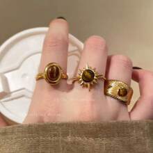 1pc/3pcs Gold Sunflower & Tiger Eye Stone Ring, Unique Design Open Adjustable Ring For Women - Multicolor - View 3