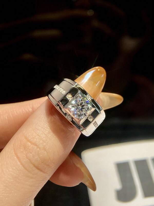 1 Piece 1Carat 4 Claw Design Colorless Moissanite Diamond With Fractured Diamonds Men's Engagement Ring S925 Sterling Silver Simple Romantic Ring Eternity Ring Wedding Anniversary Ring Luxury Jewelry Gifts