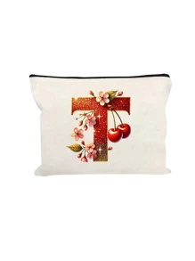 Witte make-uptas van polyestervezel, kleine witte tas, glanzend gouden kersenrode letters A-Z bedrukt patroon, make-uptas, draagbare toilettas, Moederdagcadeau, perfect cadeau voor moeders, herbruikbare make-uptas, eenvoudige grote capaciteit reismake-uptas voor vrouwen, oortelefoon, datakabel, accessoire-opslag, muntzak, multifunctioneel draagbaar cadeau voor vrouwen