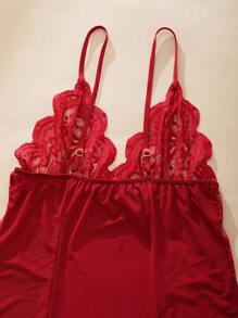 Ning xue yan ying 2-Piece Set Of Women's Wine Red Sexy V-Neck Bow Decoration,Backless Suspender Dress,Spaghetti Strap,Mesh Sleeping Skirt ,Summer,Babydolls,BridalLingerie,Women's Sexy Lingerie Dress