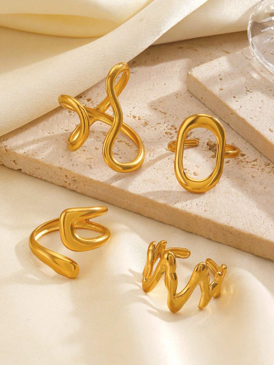 Conjunto de 4 peças de aço inoxidável minimalista banhado a ouro 18K com linha geométrica anel aberto, adequado para uso diário feminino