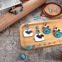Western Jewelry For Women Bohemian Turquoise Jewelry Set Turquoise Pendant Choker Necklace Turquoise Faux Leather Cuff Bracelet Turquoise Hoop Dangle Earrings Turquoise Joint Knuckle Rings