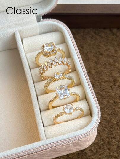 5 pièces Ensemble de bagues à incrustation de cuivre et zircone cubique, style élégant et sophistiqué, convient pour le mariage, la fête, les cadeaux de fête, la mariée