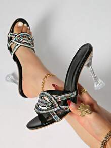 Women Rhinestone Embellished Strap Slide Sandals, Sexy Black Stiletto Open Toe High Heels - Black - View 1