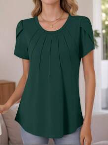 tooluck Women's Round Neck Petal Short Sleeve Pleated Top - Màu xanh lá cây đậm - Xem 4