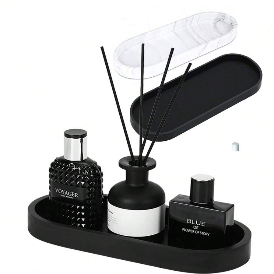 1-2 piezas Bandejas decorativas, bandejas de vanidad, bandejas de almacenamiento de diseño de mármol negro de silicona para fregadero, lavabo, baño y cocina, con vibras bohemias, para vacaciones en la playa, colección de baño, colección de dormitorio, gran capacidad - Negro - Ver 1
