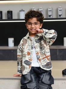 男童前扣长袖印花休闲牛仔夹克，简约风格