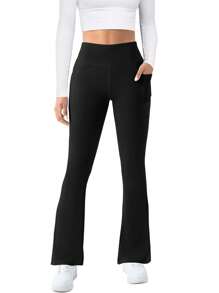 1pc Women Plus Size Flare Yoga Pants, Slimming High Waist Workout Leggings With Pockets