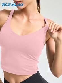 GEMCHO Áo tank top thể thao yoga dáng dài, nâng đỡ vừa phải, không gọng, vải dày dặn, áo hai dây nữ, thích hợp cho mùa xuân/hè. - Hồng - Xem 3