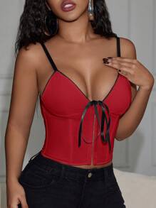 Áo corset Yuwenier Y2K cổ chữ V phối màu với nhẫn kim loại, chất liệu satin, có nơ phía trước, ôm sát ngực, thích hợp cho các lễ hội âm nhạc và đám cưới. - Đỏ - Xem 5