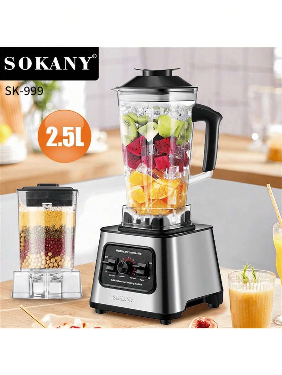 SOKANY آلة منزلية متعددة الوظائف من سوكاني999، تشمل عصارة، كسارة ثلج، طباخ طعام، مطحنة، خلاط. تأتي مع كوب طحن، تصميم 2 في 1. سعة كبيرة 2.5 لتر، شفرات من الفولاذ المقاوم للصدأ. تحطيم سريع 6000 واط، تنظيف بلمسة واحدة. مناسبة للاستخدام المنزلي والتجاري.