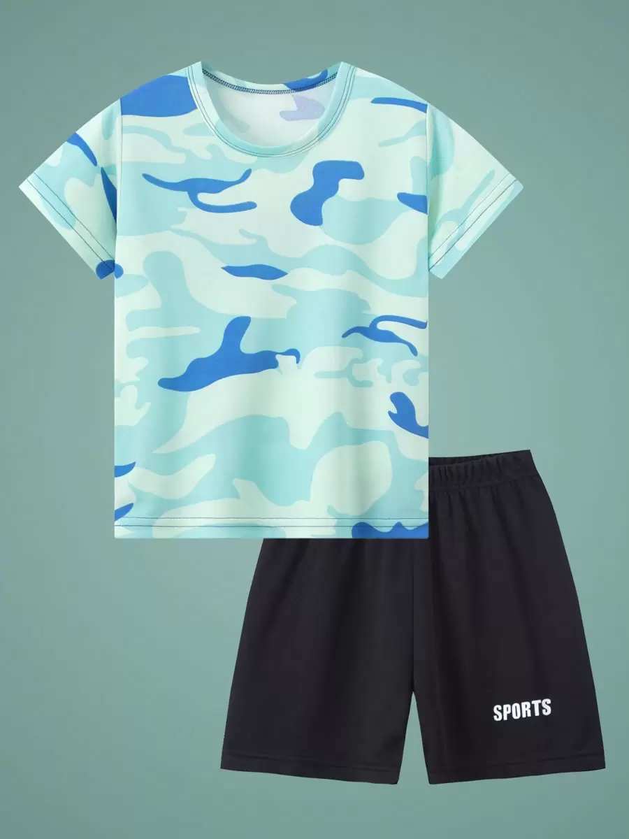 2pcs Boy Sports Outfit, Quick Dry Breathable Mesh Short Sleeve Camo Print T-Shirt And Shorts, Comfortable Loose Fit, Suitable For 4-12 Years Old Child, Suitable For Basketball, Soccer Etc.