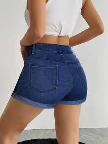 Women's Stretchy Plain Black Color Denim Shorts, Fashionable Slim Fit High Waist Jean Shorts, Casual Street Style, Summer Essential - Dark Wash - View 9