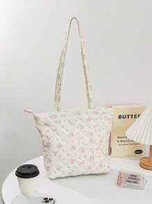 1 Piece Fresh Bow & Floral Tote Bag Ditsy Floral Quilted Makeup Bag Pink Flower Plaid Cosmetic Bag For Women Portable Print Flower And Bow Knot Pattern Tote Bag Make Up Organizer Toiletry Bags Travel Toiletry Bag For Women Cute Aesthetic Floral Makeup Bag Grocery Cloth Bag Floral Handle Bag For Beach Daily Commuter Pink Travel Shopping Bag Cute Cosmetic Pouch With Handle For Girls Women Bridesmaid Birthday Gift - Multicolor - View 10