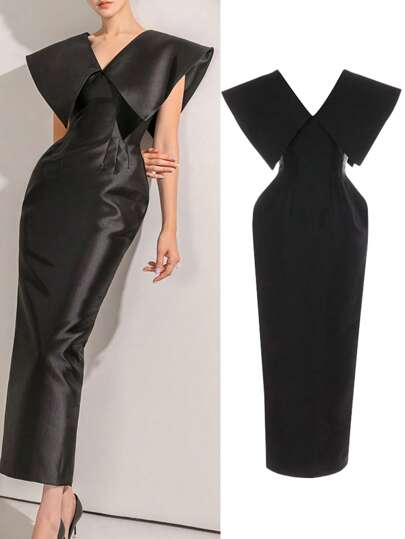 欧美时尚名媛韩版纯色赫本风连衣裙宴会高端晚礼服女轻奢性感时尚深V领裹臀修身开叉中长款晚会酒会礼服连衣裙聚会礼服婚礼宾客礼服