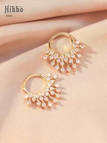 Hihho 2 件装华丽风格闪亮锆石镶嵌环状耳环女式镀金耳环生日派对新娘婚礼珠宝礼物送给女友友谊妻子情侣 - 金黃色 - 查看 8