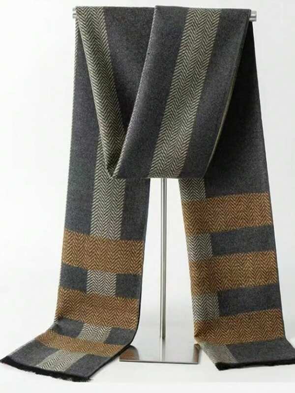 1pc Men's Cashmere Plaid & Striped Pattern Business Versatile Long Scarf
