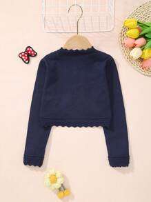 Young Girl Elegant Solid Color Knit Cardigans With Scallop Trim - Navy Blue - View 7