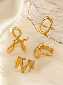 Conjunto de 4 peças de aço inoxidável minimalista banhado a ouro 18K com linha geométrica anel aberto, adequado para uso diário feminino
