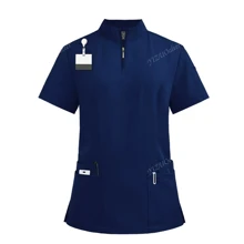 1 Conjunto Roupa de Mulher Manga Curta com Zíper Gola Alta, Uniforme de Serviço Feito de Tecido de Poliéster Fosco, Uniforme de Enfermagem de Ajuste Folgado Adequado para Trabalho Hospitalar