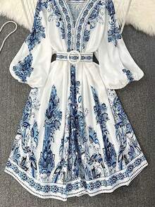 Long Floral Print Balloon Sleeve Button Front Dress - Blue - View 3