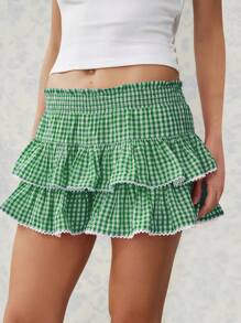 Womens Tiered Ruffled Short Skirts Plaid Print Smocked Waist Lacy Trim Cute Mini Skirts - màu xanh lá - Xem 5