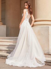 Solid Color Backless V-Neck Sleeveless Dress, Wedding Gown - White - View 10