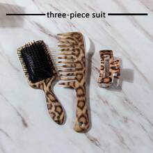 3-In-1 Leopard Print Hair Set: 1 Pc Leopard Print Air Cushion Massage Brush + 1 Pc Leopard Print Wide Flat Comb + 1 Pc Leopard Print Hair Clips, Suitable For Everyday Use At Home And Salon Styling, Perfect Gift For Family And Friends - Leopard - View 1