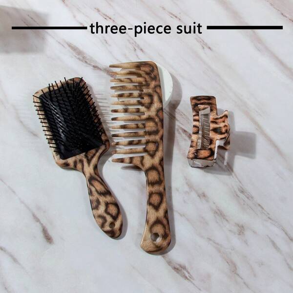 3-In-1 Leopard Print Hair Set: 1 Pc Leopard Print Air Cushion Massage Brush + 1 Pc Leopard Print Wide Flat Comb + 1 Pc Leopard Print Hair Clips, Suitable For Everyday Use At Home And Salon Styling, Perfect Gift For Family And Friends