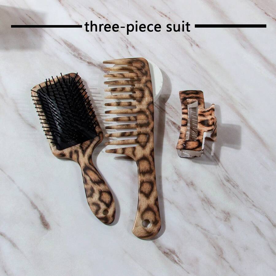 3-In-1 Leopard Print Hair Set: 1 Pc Leopard Print Air Cushion Massage Brush + 1 Pc Leopard Print Wide Flat Comb + 1 Pc Leopard Print Hair Clips, Suitable For Everyday Use At Home And Salon Styling, Perfect Gift For Family And Friends - Leopard - View 1