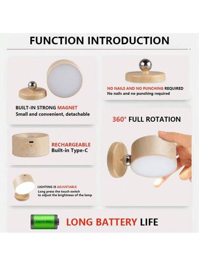Rechargeable Double Verlichting LED Wand Sconce 360° Rotatable, Dimmable USB Port Magnetic Mount Reading Home Battery Operated, Night Light, Ho hold Lighting view 6