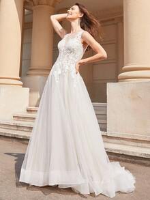 Solid Color Backless V-Neck Sleeveless Dress, Wedding Gown - White - View 7