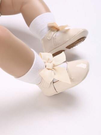 Newborn Infant Girls' Bowknot PU Princess Shoes, Soft Rubber Sole Anti-Slip Flats, Suitable For All Seasons