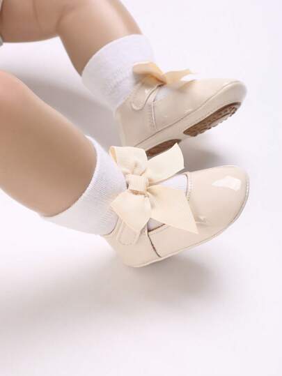 Newborn Infant Girls' Bowknot PU Princess Shoes, Soft Rubber Sole Anti-Slip Flats, Suitable For All Seasons