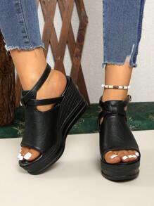 Women's Solid-Color Wedge Sandals, Casual Open-Toed Platform Shoes, Comfortable Buckle Sandals - Black - View 6