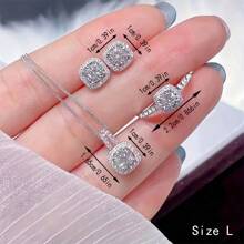 4pcs/Set Cuboid Shiny Zirconia Inlaid Stud Earrings & Pendant Necklace & Ring Elegant Luxury Style Delicate Female Gift - Multicolor - View 4