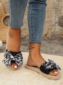 Women's Casual Fashion Slip-On Slippers, Non-Slip Versatile Bow Design, Leopard Print Bow Detail Flat Sandals For Summer Outdoor Wear